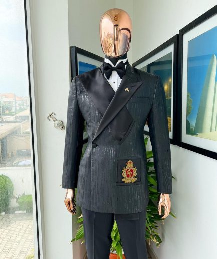 The “Da Vinci” charcoal black, metallic jacquard, single lapel, mid cut intersect strap tuxedo suit.