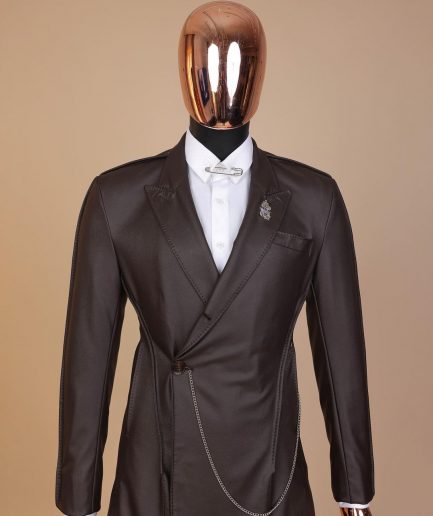 A #Herd” brown leather, knitted & outer layered peak lapel wrap suit