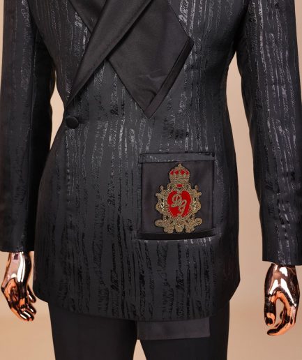 The “Da Vinci” charcoal black, metallic jacquard, single lapel, mid cut intersect strap tuxedo suit.
