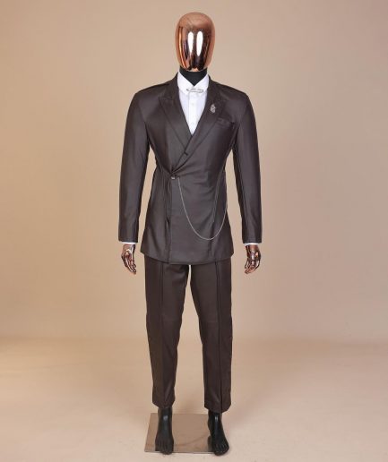 A #Herd” brown leather, knitted & outer layered peak lapel wrap suit