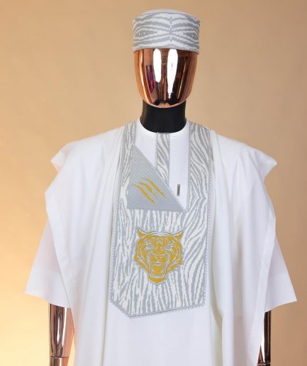 A White, roaring tiger metallic wire embroidery details Agbada