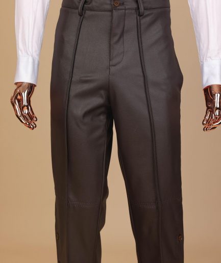 A brown leather, knitted & outer layered pant Trouser with side opening.