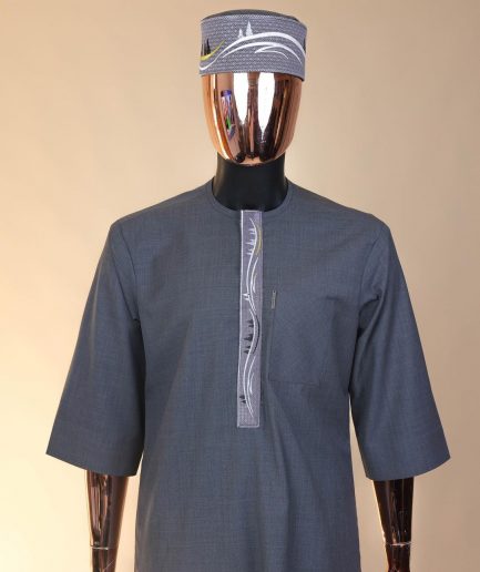 A grey, undulating lane embroidery, 3/4-sleeve African senator kaftan native