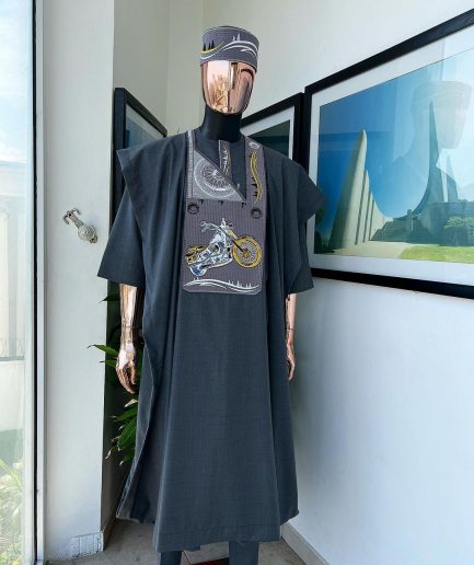 A Grey, bikers element metallic wire embroidery details agbada