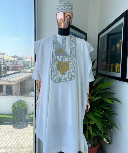 A White, roaring tiger metallic wire embroidery details Agbada