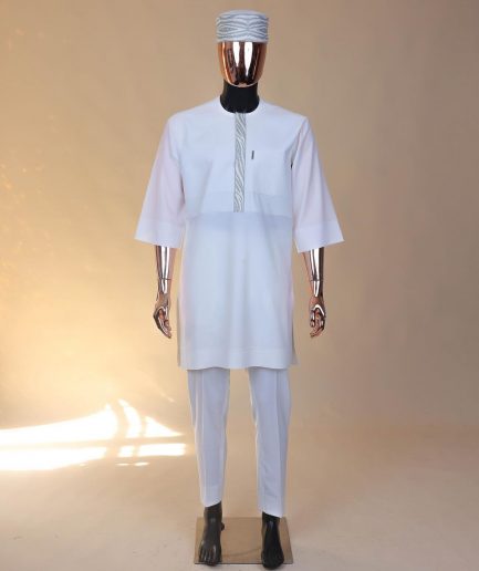 An Ivory white, wavy slide embroidery, 3/4-sleeve African senator kaftan native