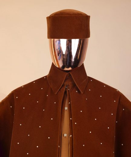 An “Eyes Wide Shut” syrup brown Italian velvet Ceremonial suktan with gold crystals Swarovski stone