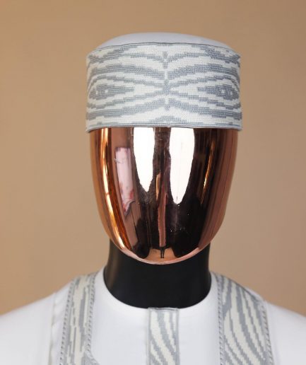 A White, roaring tiger metallic wire embroidery details Agbada