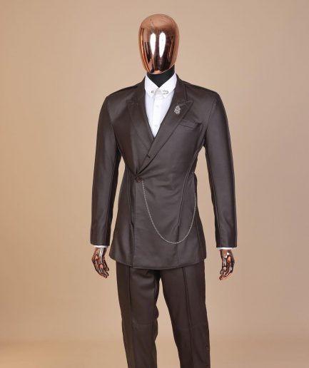 A #Herd” brown leather, knitted & outer layered peak lapel wrap suit