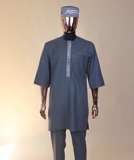 A grey, undulating lane embroidery, 3/4-sleeve African senator kaftan native
