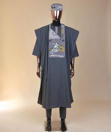 A Grey, bikers element metallic wire embroidery details agbada