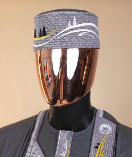 A Grey, bikers element metallic wire embroidery details agbada