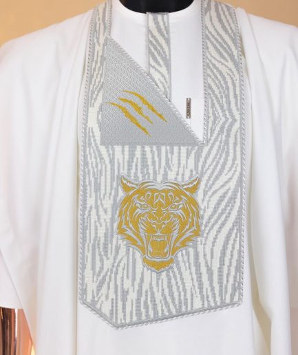 A White, roaring tiger metallic wire embroidery details Agbada
