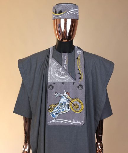 A Grey, bikers element metallic wire embroidery details agbada