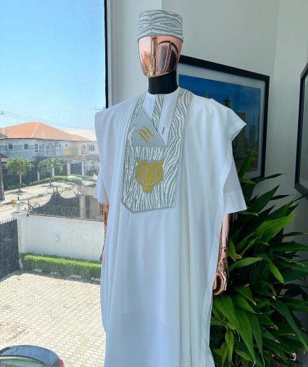 A White, roaring tiger metallic wire embroidery details Agbada