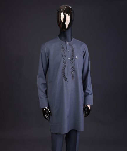 A Light grey, patterned floral embroidery details with black Swarovski stone details, silver button, long sleeve kaftan and Sokoto