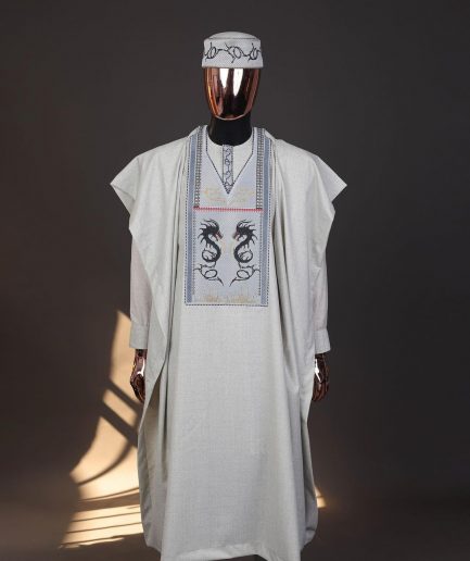 A Pearl River Grey, House Of Dragon Embroidery Details Agbada