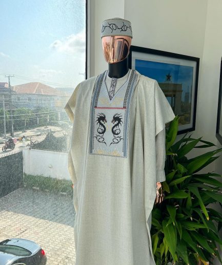A Pearl River Grey, House Of Dragon Embroidery Details Agbada