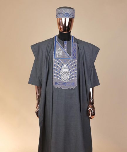 A Steel Grey, woven basket element metallic wire embroidery with matching Swarovski stone details agbada