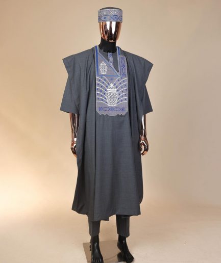 A Steel Grey, woven basket element metallic wire embroidery with matching Swarovski stone details agbada
