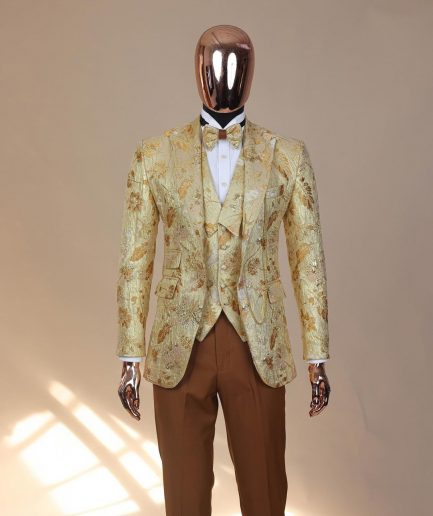 The “Metaphor” gold and splash of caramel brown peak lapel metallic jacquard tuxedo suit