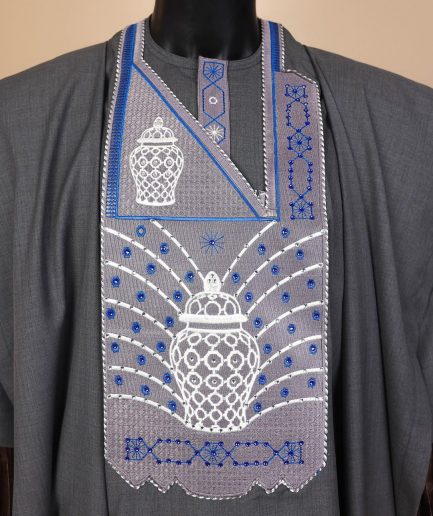 A Steel Grey, woven basket element metallic wire embroidery with matching Swarovski stone details agbada