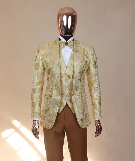 The “Metaphor” gold and splash of caramel brown peak lapel metallic jacquard tuxedo suit