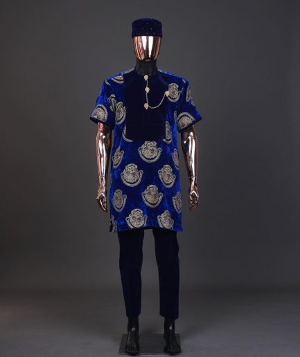 An admiral blue & gold isiagu, mixed with matching soaked velvet, short sleeve kaftan native, Swarovski stone hat & velvet pant Trosuer