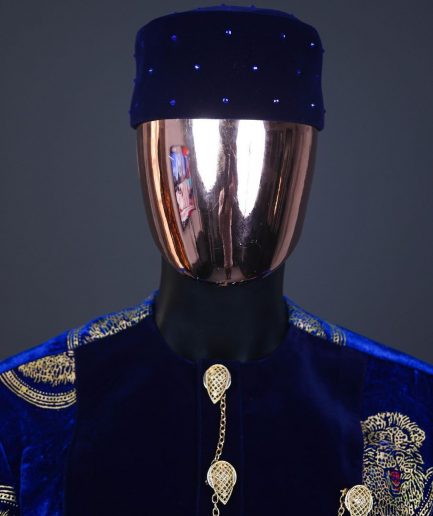 An admiral blue & gold isiagu, mixed with matching soaked velvet, short sleeve kaftan native, Swarovski stone hat & velvet pant Trosuer