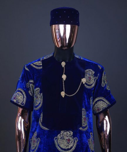 An admiral blue & gold isiagu, mixed with matching soaked velvet, short sleeve kaftan native, Swarovski stone hat & velvet pant Trosuer