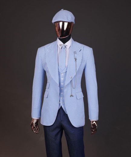 A “peaky blinders” skye blue and white check, seer sucker fabric, knitted, peak lapel suit
