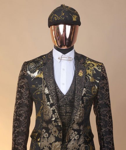 The “gogo” limited edition gold and black mixed jacquard fabric notch lapel metallic jacquard suit