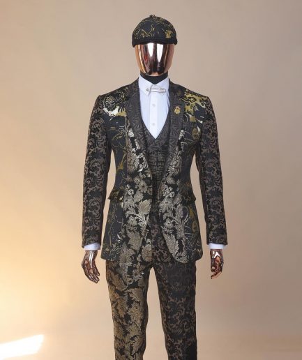The “gogo” limited edition gold and black mixed jacquard fabric notch lapel metallic jacquard suit