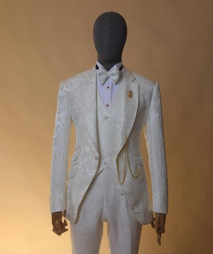 An ivory white, knitted, root floral jacquard notch lapel suit.