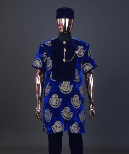 An admiral blue & gold isiagu, mixed with matching soaked velvet, short sleeve kaftan native, Swarovski stone hat & velvet pant Trosuer