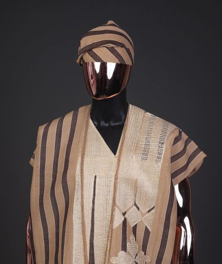 A Bold stripe dark and light brown dashiki, Sokoto, and hand-knitted Fila Yoruba, African native.