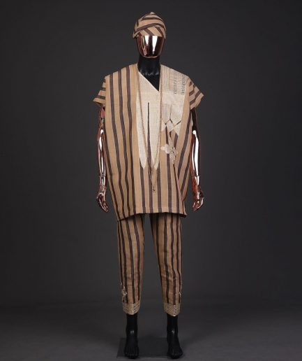 A Bold stripe dark and light brown dashiki, Sokoto, and hand-knitted Fila Yoruba, African native.
