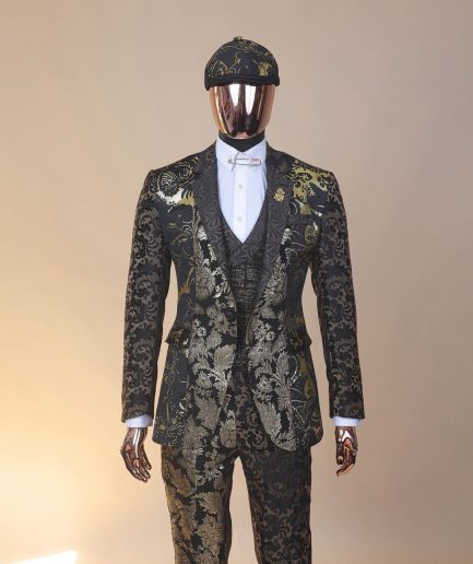 The “gogo” limited edition gold and black mixed jacquard fabric notch lapel metallic jacquard suit