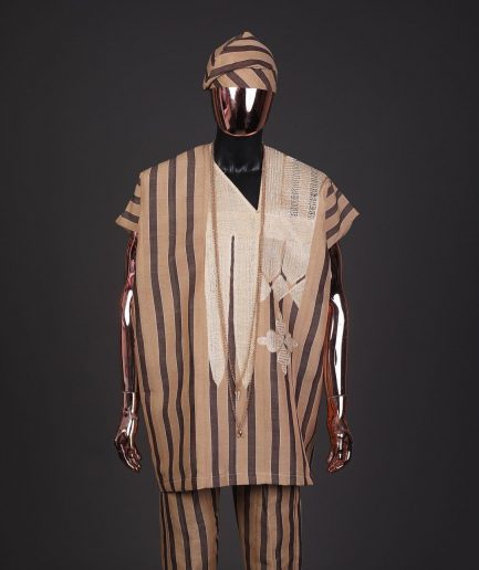 A Bold stripe dark and light brown dashiki, Sokoto, and hand-knitted Fila Yoruba, African native.
