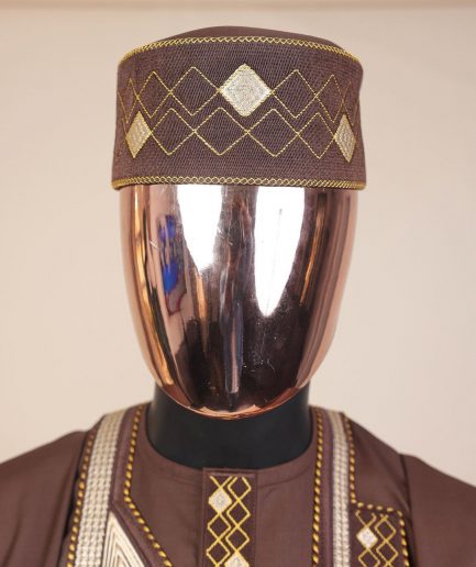 A caramel Brown, chinoiserie chic pagoda with layers metallic wire embroidery details, African kaftan native.