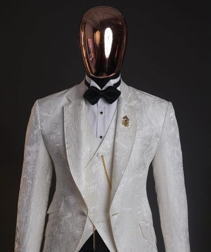 An ivory white, knitted, root floral jacquard notch tuxedo lapel suit