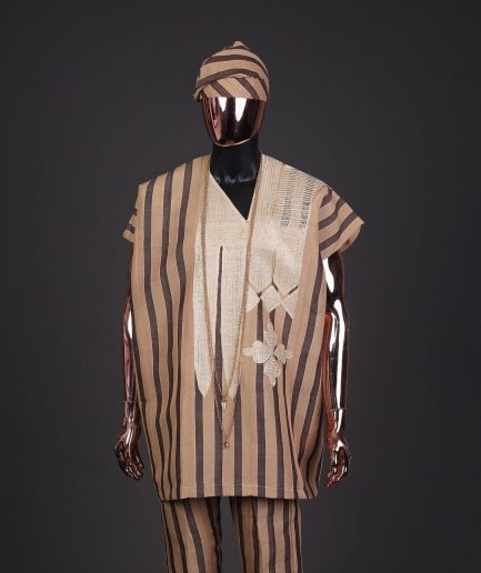 A Bold stripe dark and light brown dashiki, Sokoto, and hand-knitted Fila Yoruba, African native.