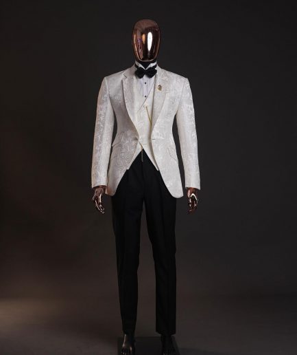 An ivory white, knitted, root floral jacquard notch tuxedo lapel suit
