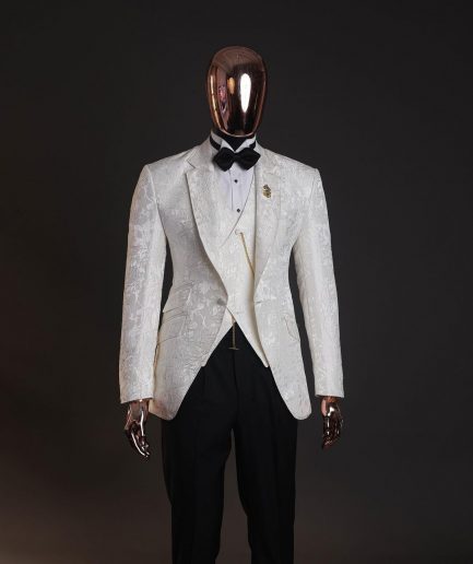 An ivory white, knitted, root floral jacquard notch tuxedo lapel suit