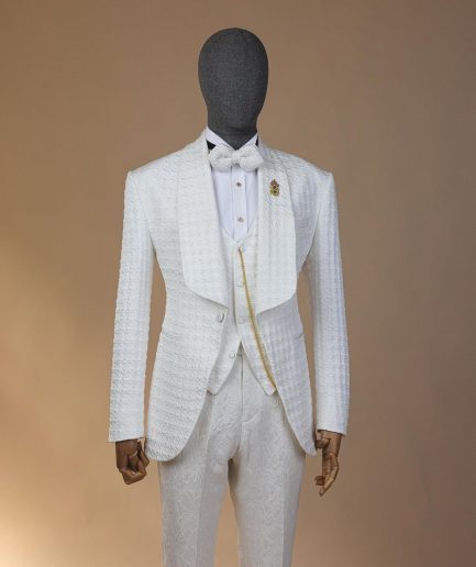 An Ivory white, swollen floral jacquard shawl lapel tuxedo suit.