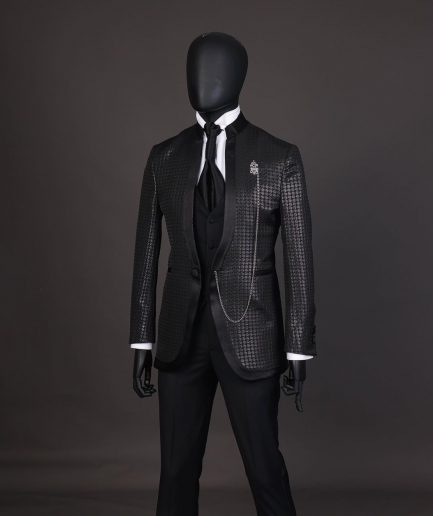 A Reloaded “Pope” monochrome black inverted square patterned metallic jacquard tuxedo suit