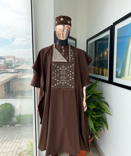 A Caramel Brown, chinoiserie chic pagoda with layers metallic wire embroidery details agbada