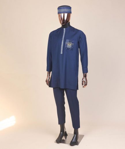 A Navy blue, vexing demagogue pocket and flap embrodery, long sleeve African senator kaftan native.