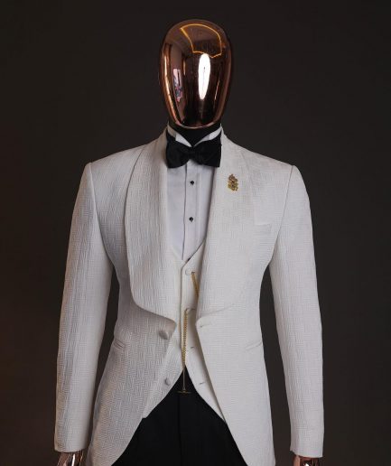 An Ivory white, elastic, basket weave layered floral jacquard shawl lapel tuxedo suit.