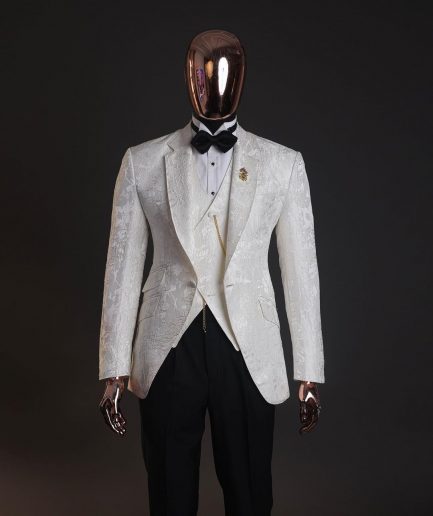 An ivory white, knitted, root floral jacquard notch tuxedo lapel suit